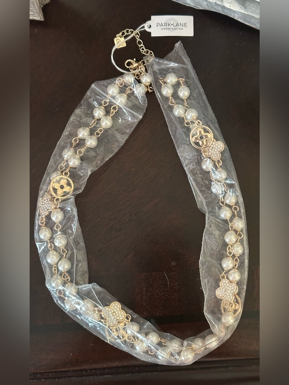 Gold-Tone Pearl Station Necklace with Crystal Clover Accents